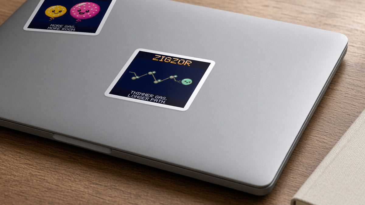 Zigzor pixel-art physics sticker on a laptop