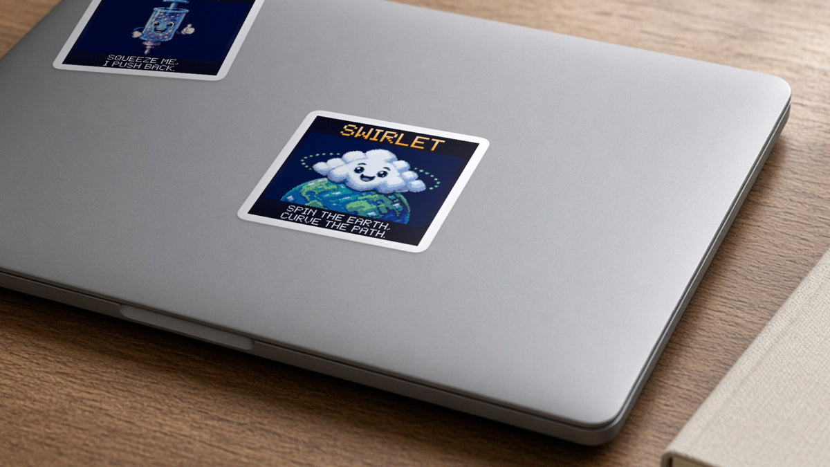 Swirlet pixel-art physics sticker on a laptop
