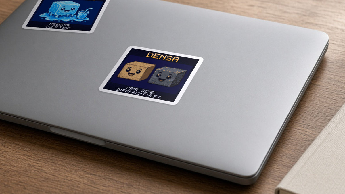 Densa pixel-art physics sticker on a laptop