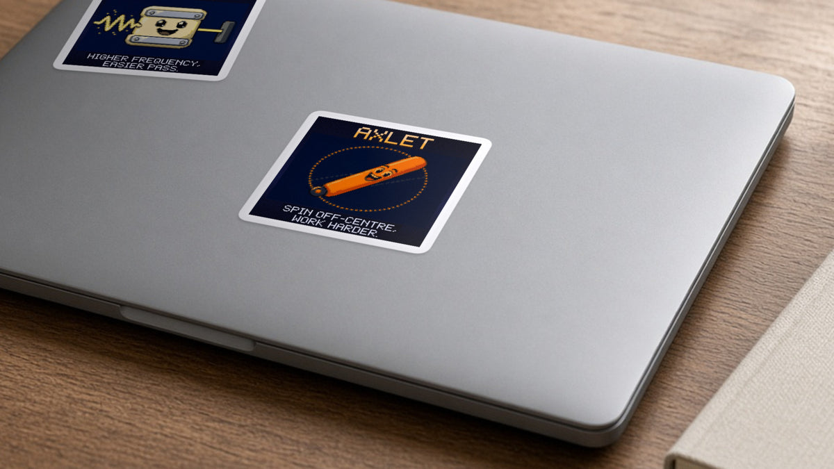 Axlet pixel-art physics sticker on a laptop