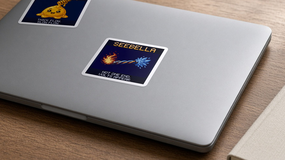 Seebella pixel-art physics sticker on a laptop
