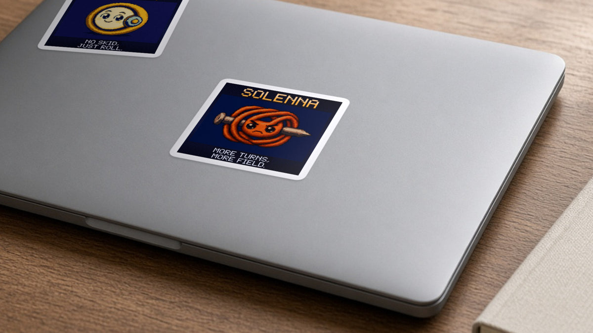 Solenna pixel-art physics sticker on a laptop