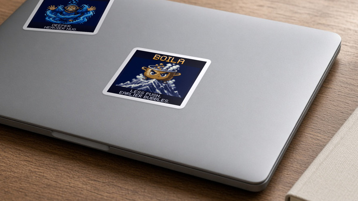 Boila pixel-art physics sticker on a laptop