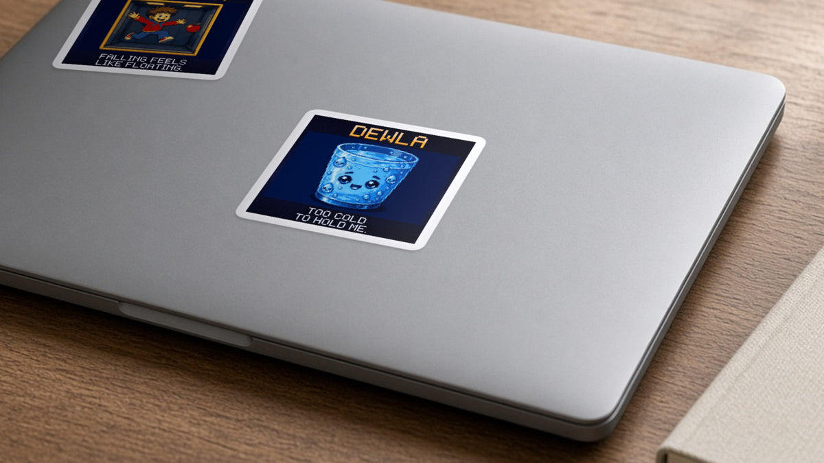 Dewla pixel-art physics sticker on a laptop