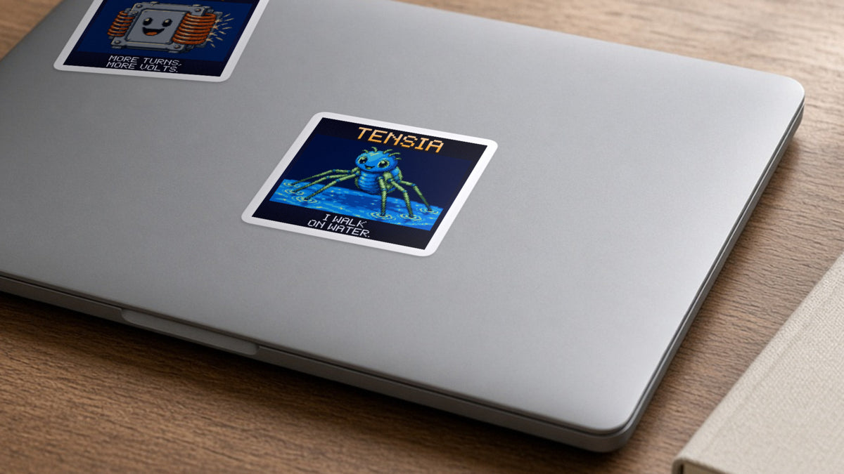 Tensia pixel-art physics sticker on a laptop