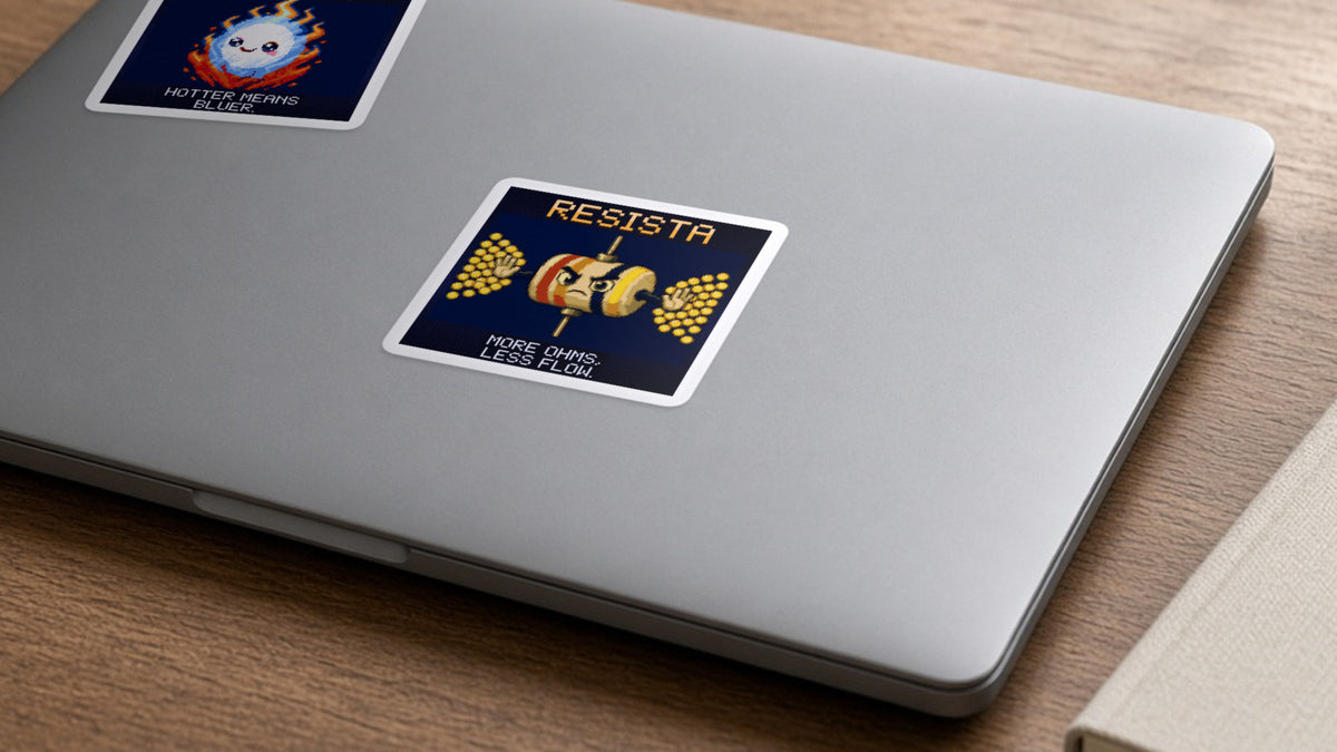 Resista pixel-art physics sticker on a laptop