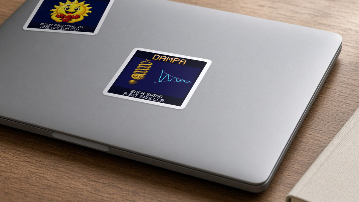 Dampa pixel-art physics sticker on a laptop