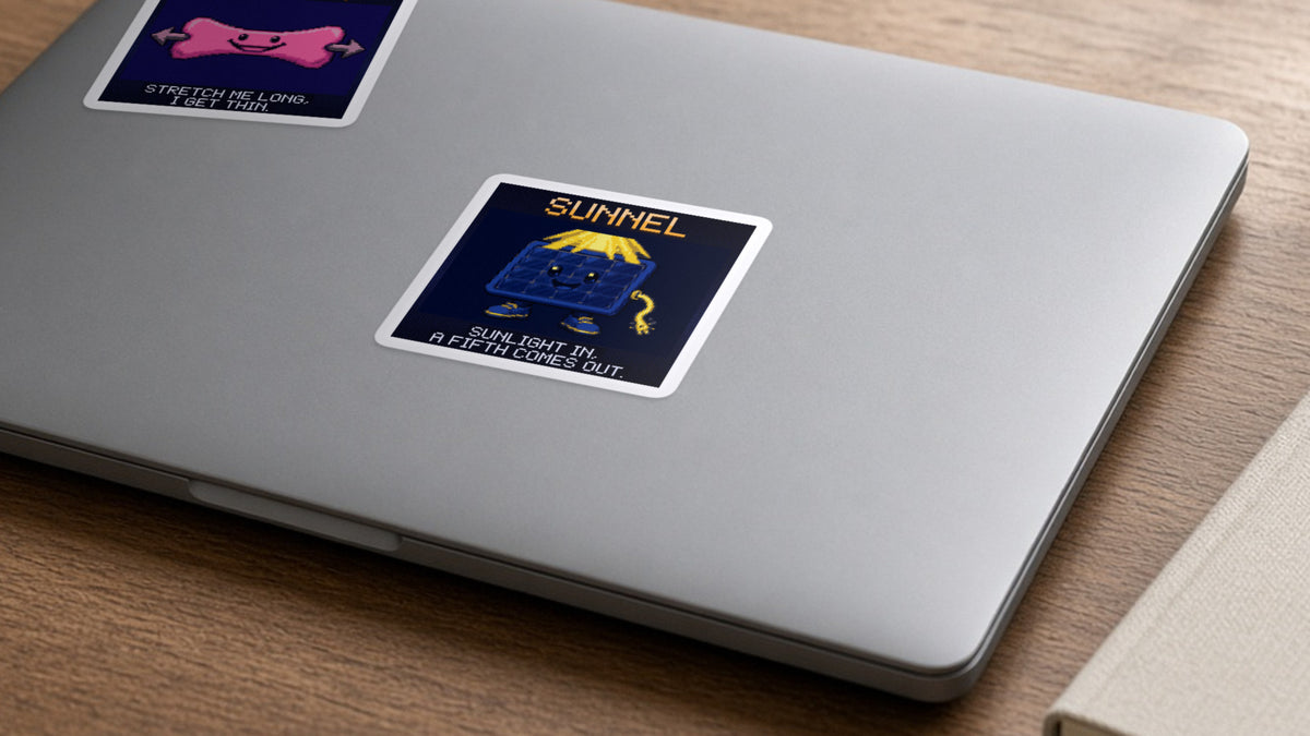 Sunnel pixel-art physics sticker on a laptop