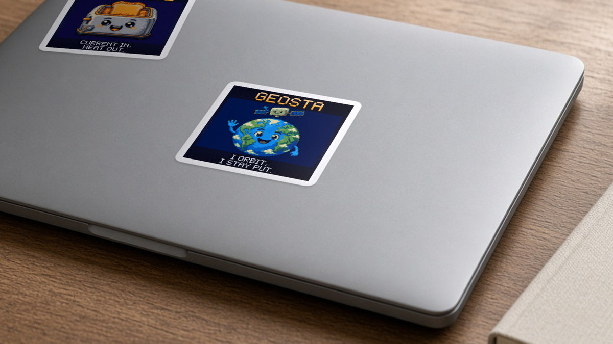 Geosta pixel-art physics sticker on a laptop
