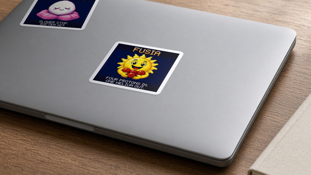 Fusia pixel-art physics sticker on a laptop