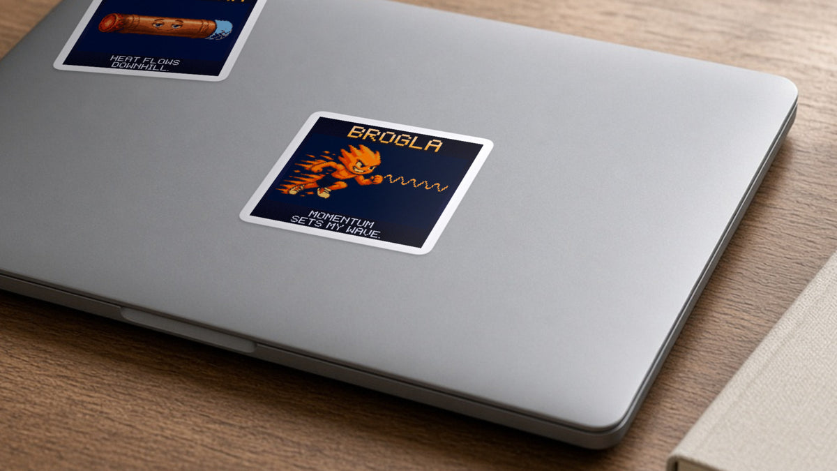 Brogla pixel-art physics sticker on a laptop