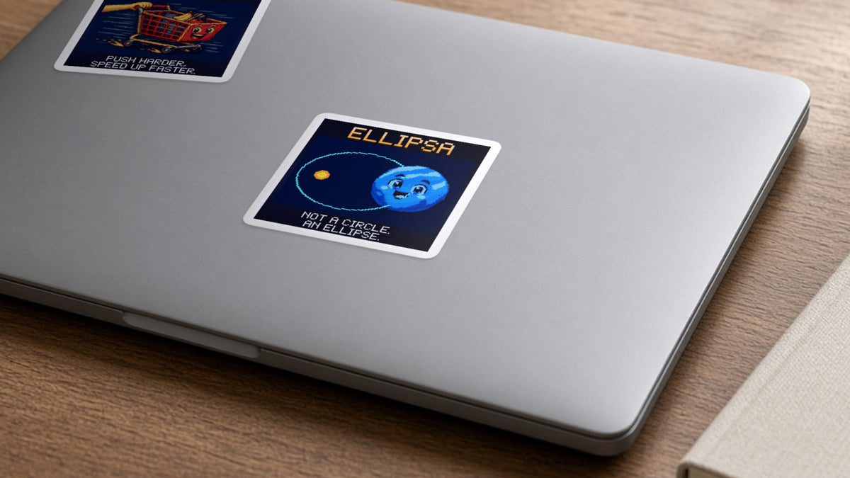 Ellipsa pixel-art physics sticker on a laptop