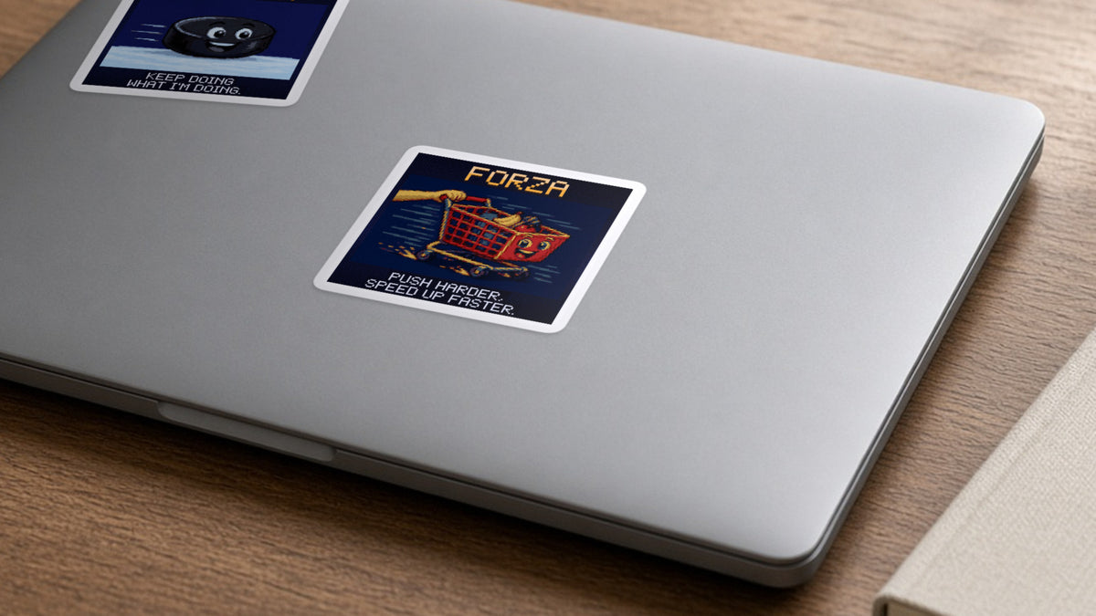 Forza pixel-art physics sticker on a laptop