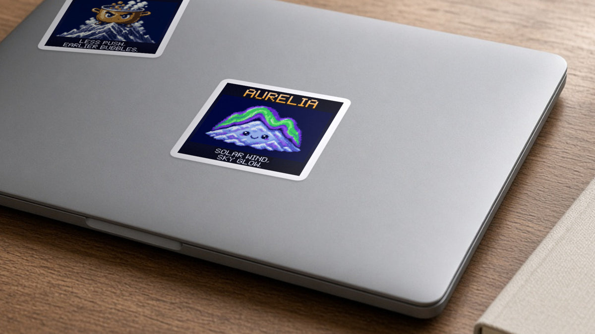 Aurelia pixel-art physics sticker on a laptop