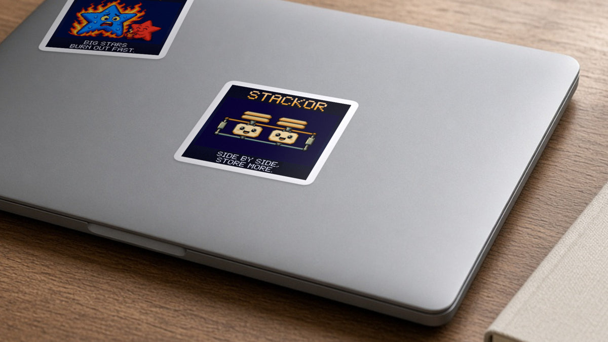 Stackor pixel-art physics sticker on a laptop