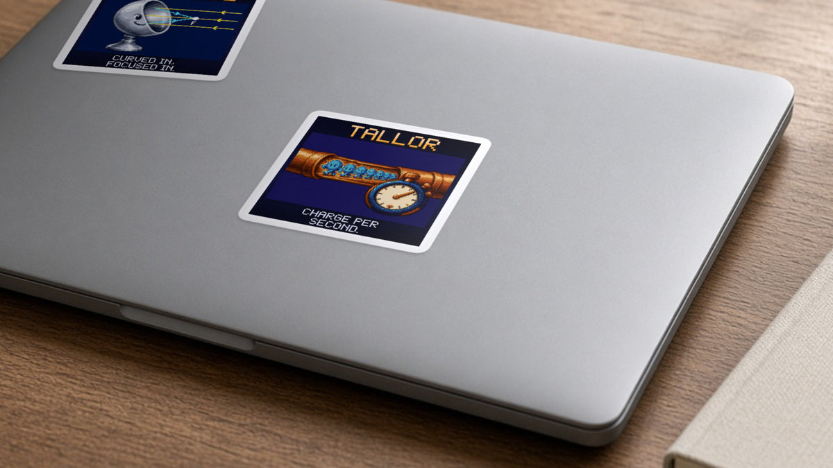 Tallor pixel-art physics sticker on a laptop