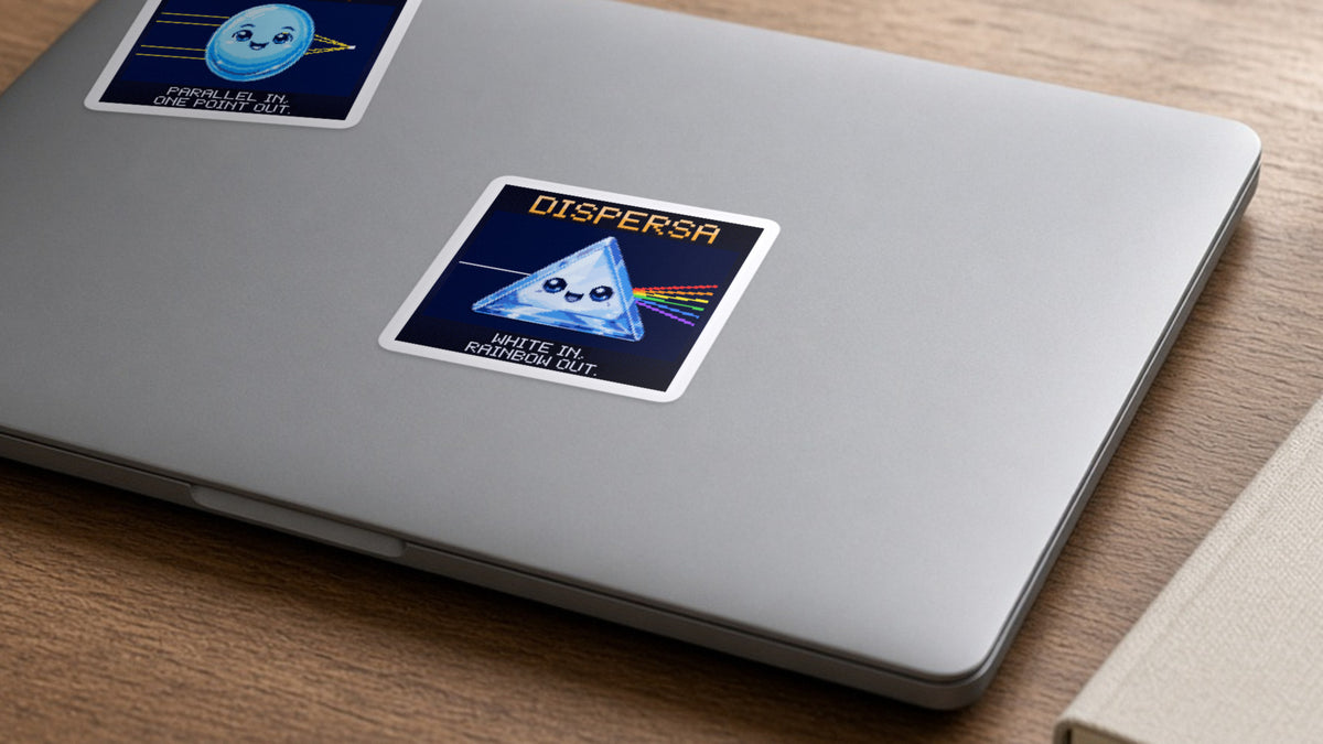 Dispersa pixel-art physics sticker on a laptop