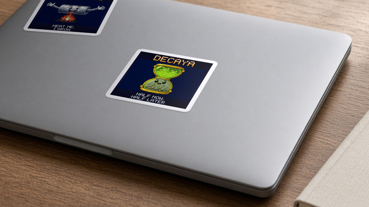 Decaya pixel-art physics sticker on a laptop