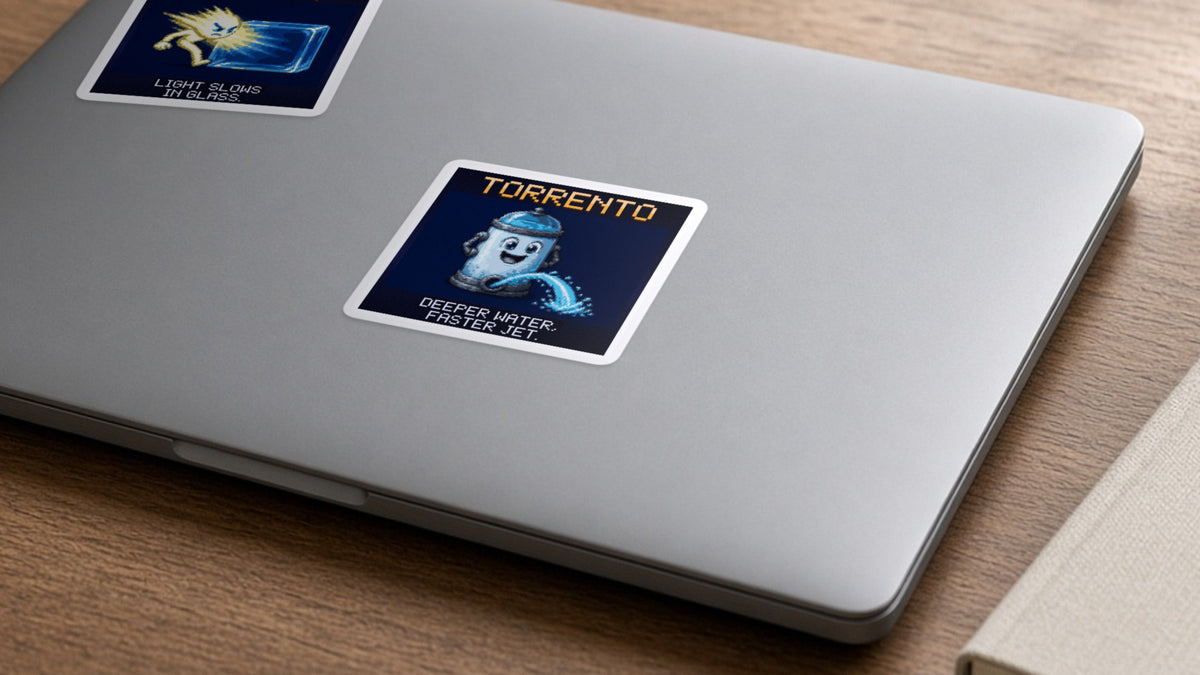 Torrento pixel-art physics sticker on a laptop