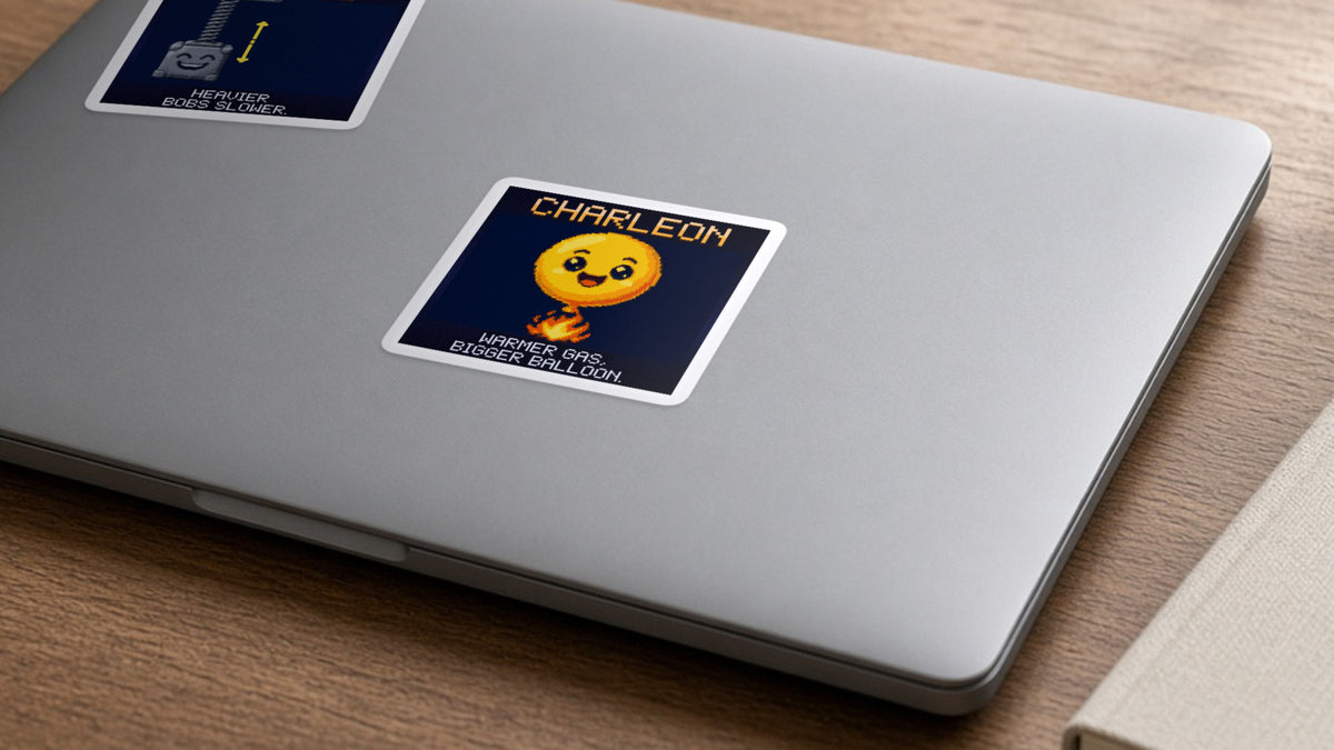 Charleon pixel-art physics sticker on a laptop
