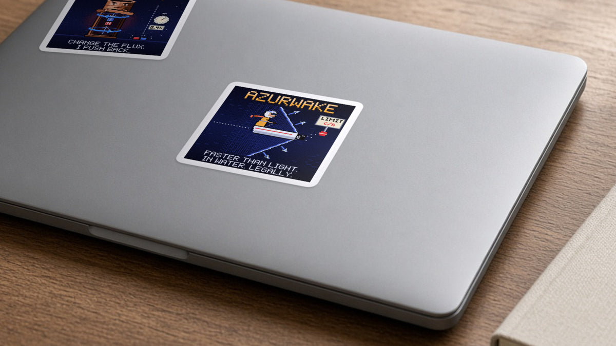 Azurwake navy pixel-art physics sticker, Cherenkov radiation, on a laptop