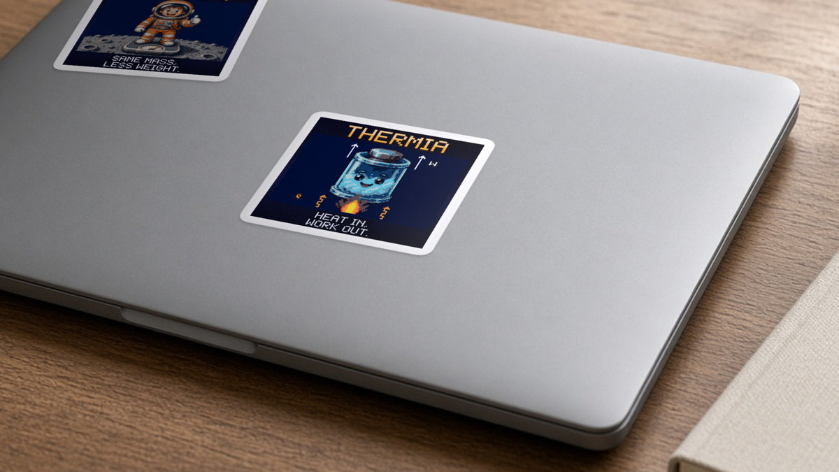 Thermia pixel-art physics sticker on a laptop