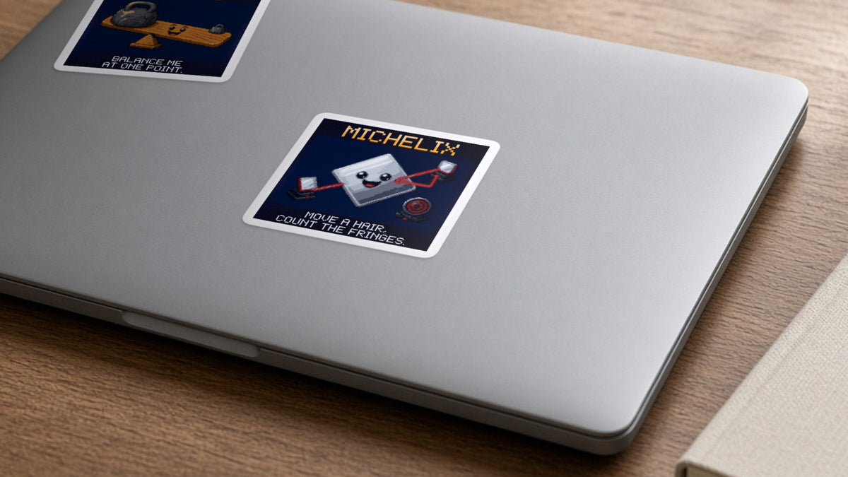 Michelix pixel-art physics sticker on a laptop