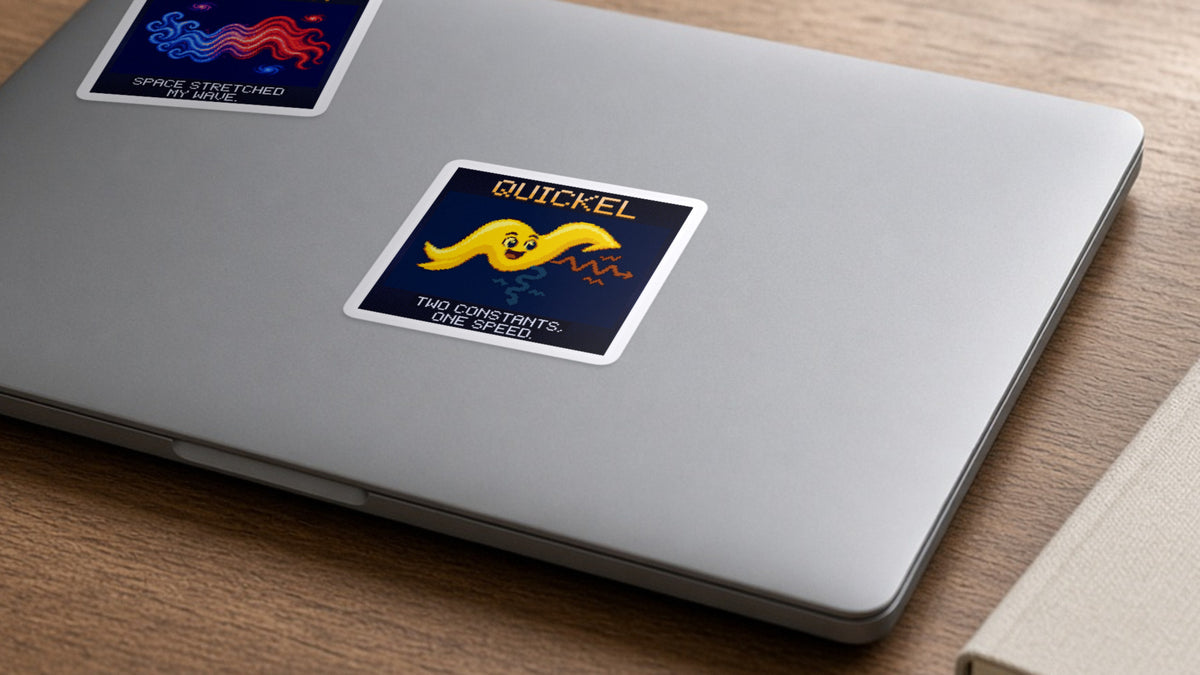 Quickel pixel-art physics sticker on a laptop