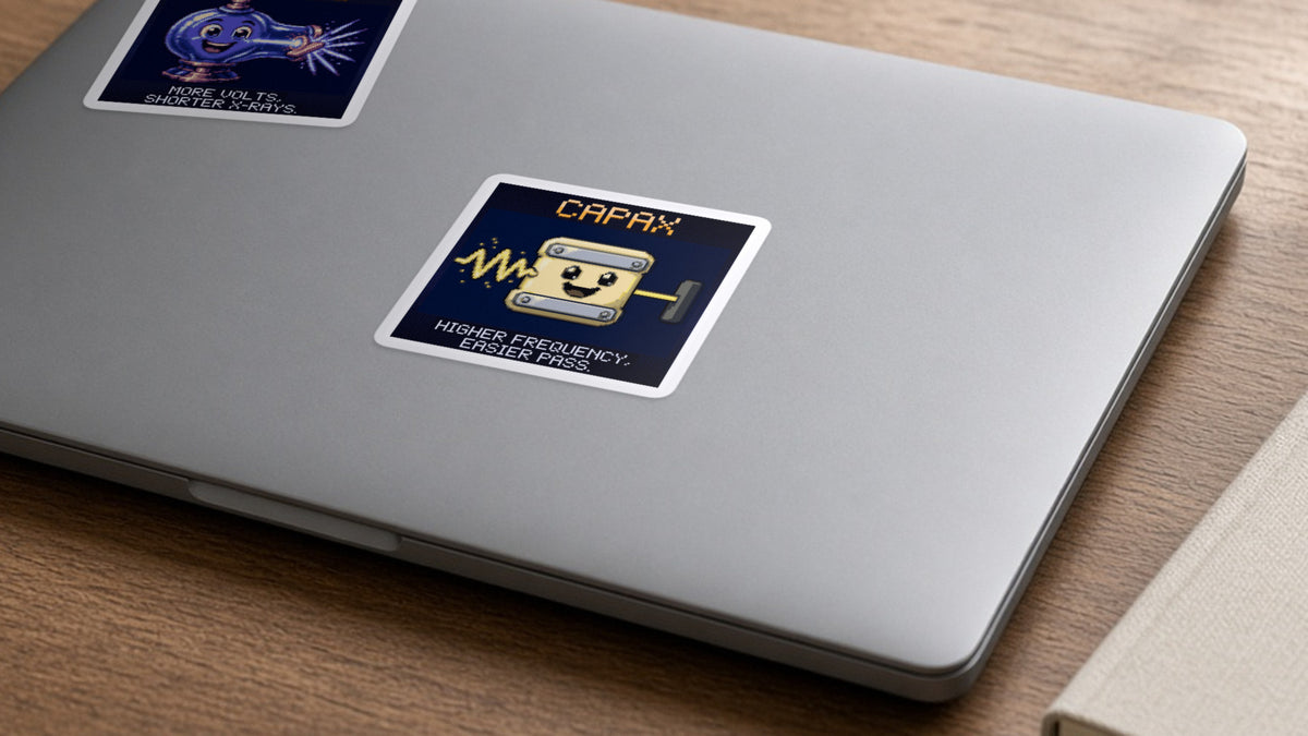 Capax pixel-art physics sticker on a laptop