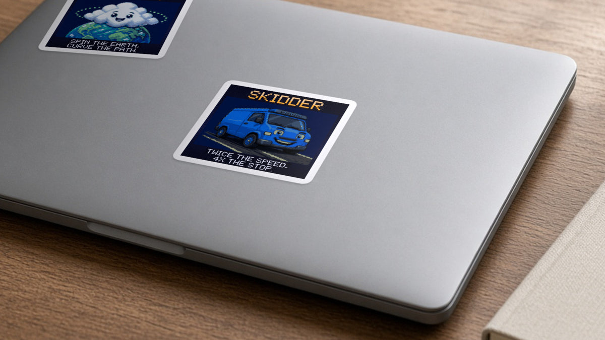 Skidder pixel-art physics sticker on a laptop