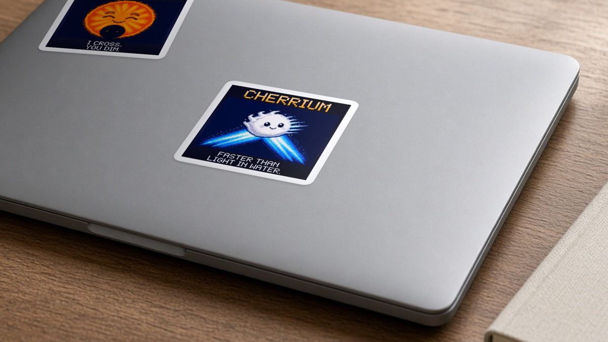 Cherrium pixel-art physics sticker on a laptop