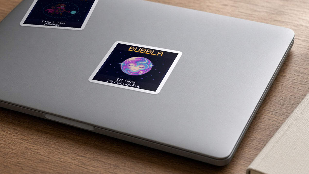 Bubbla pixel-art physics sticker on a laptop