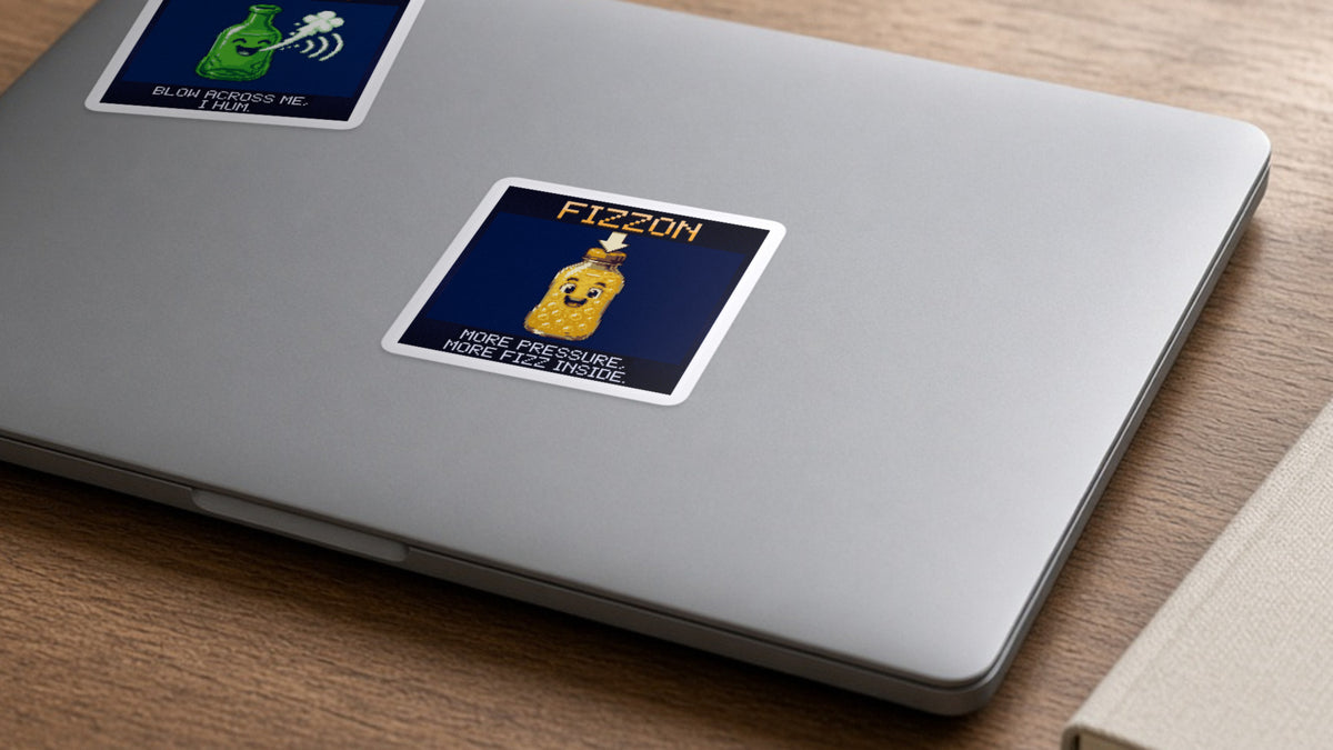Fizzon pixel-art physics sticker on a laptop