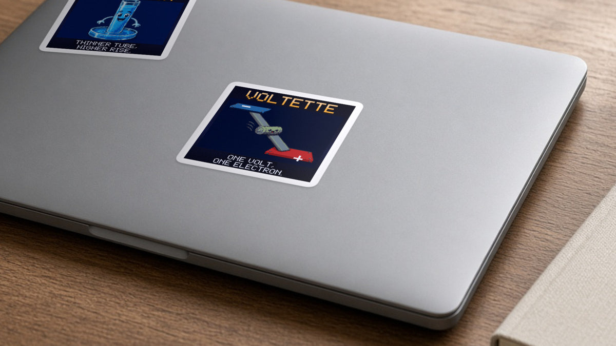 Voltette pixel-art physics sticker on a laptop