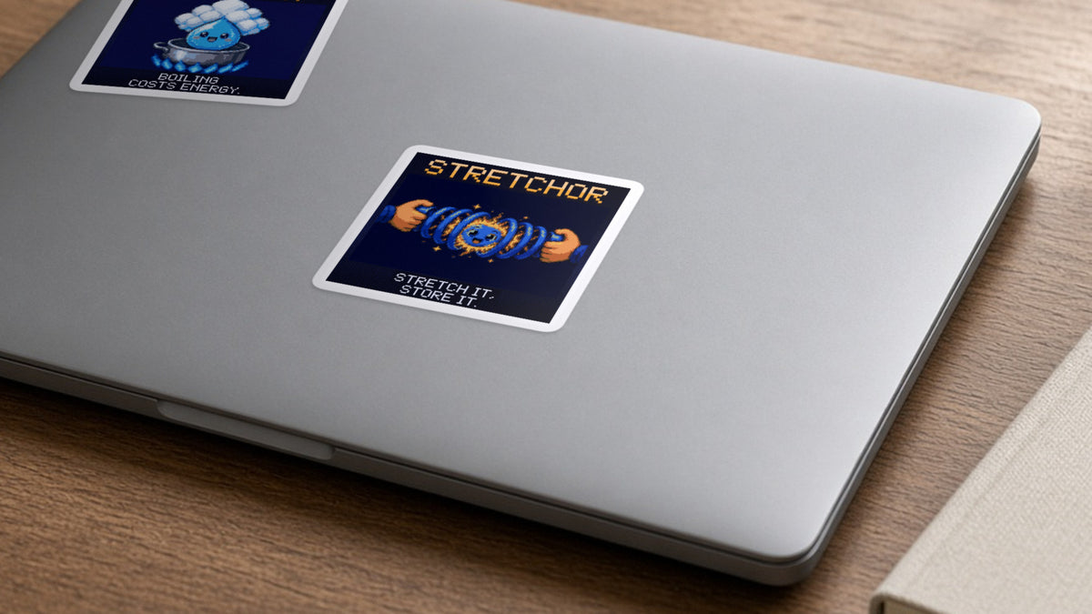 Stretchor pixel-art physics sticker on a laptop