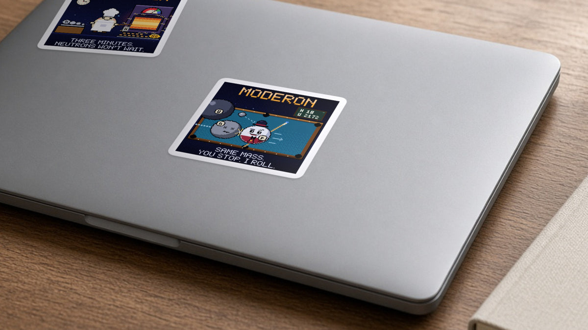 Moderon navy pixel-art physics sticker, neutron moderation, on a laptop