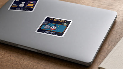 Moderon navy pixel-art physics sticker, neutron moderation, on a laptop