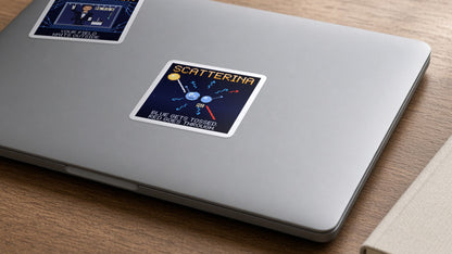 Scatterina pixel-art physics sticker on a laptop