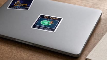 Saltara navy pixel-art physics sticker, hydraulic jump, on a laptop