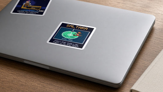 Saltara navy pixel-art physics sticker, hydraulic jump, on a laptop
