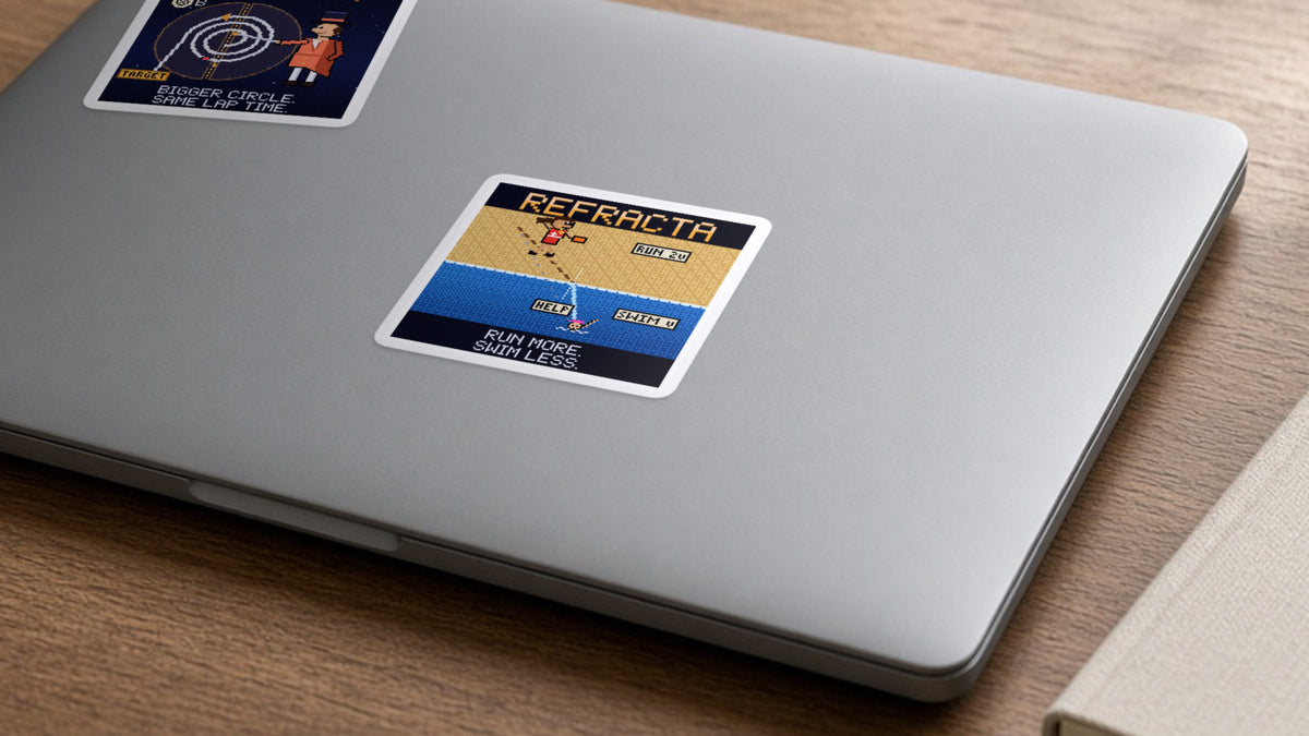 Refracta pixel-art physics sticker on a laptop