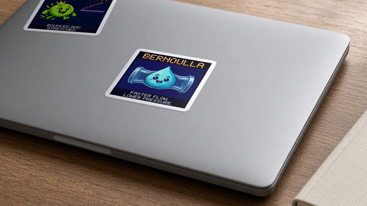 Bernoulla pixel-art physics sticker on a laptop