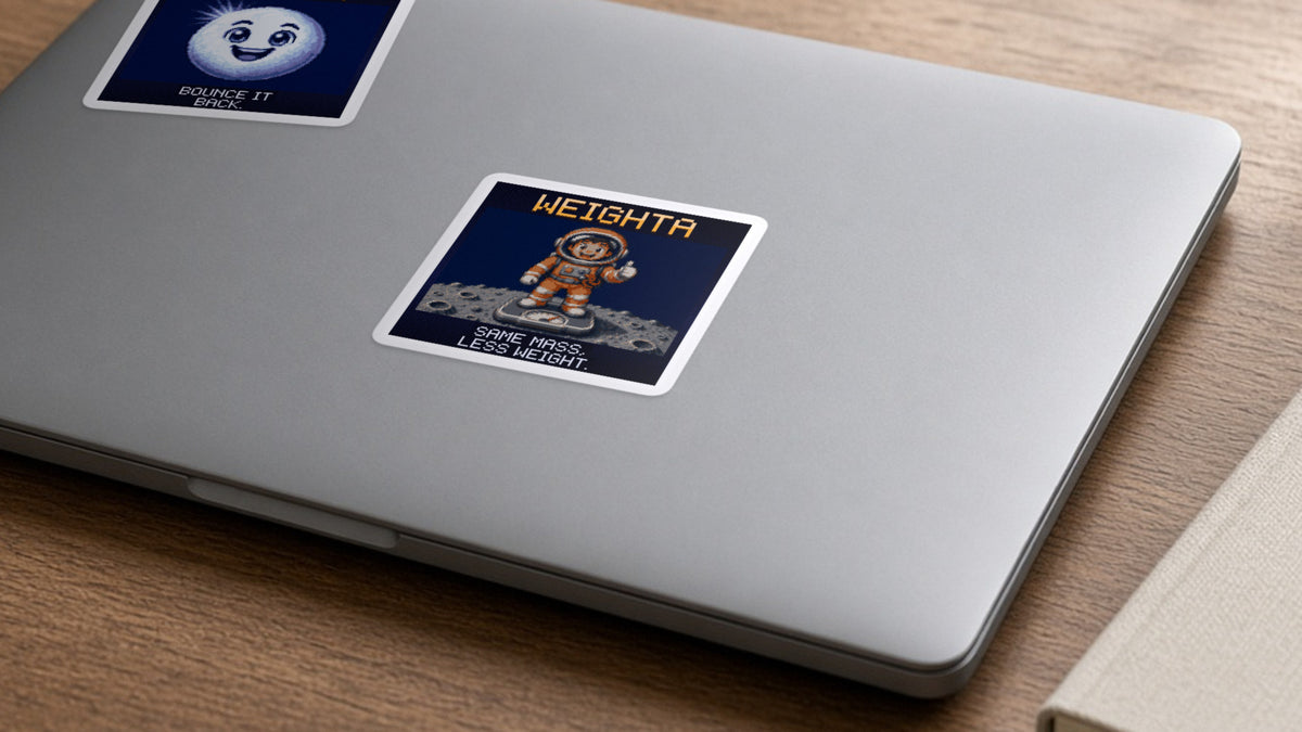 Weighta pixel-art physics sticker on a laptop
