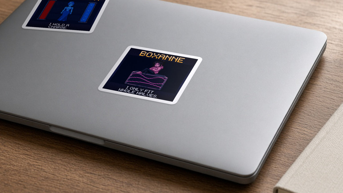 Boxanne pixel-art physics sticker on a laptop