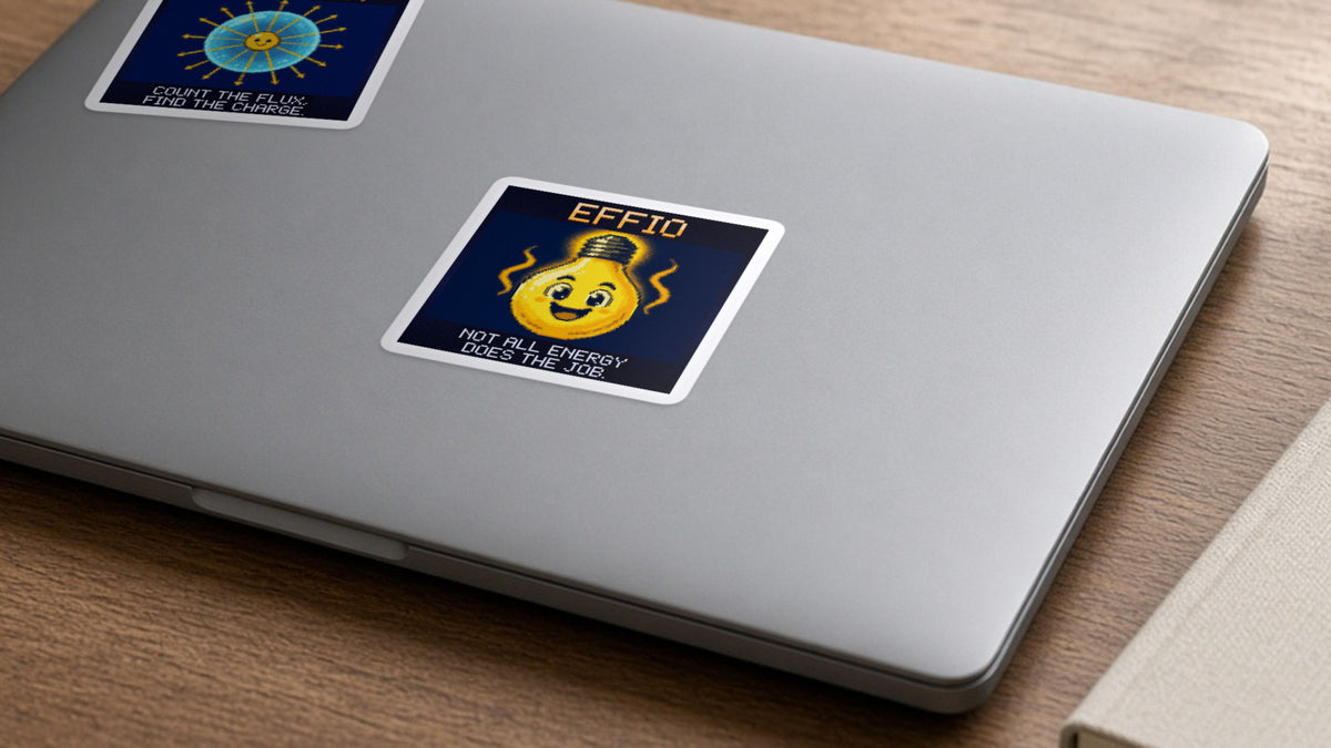 Effio pixel-art physics sticker on a laptop