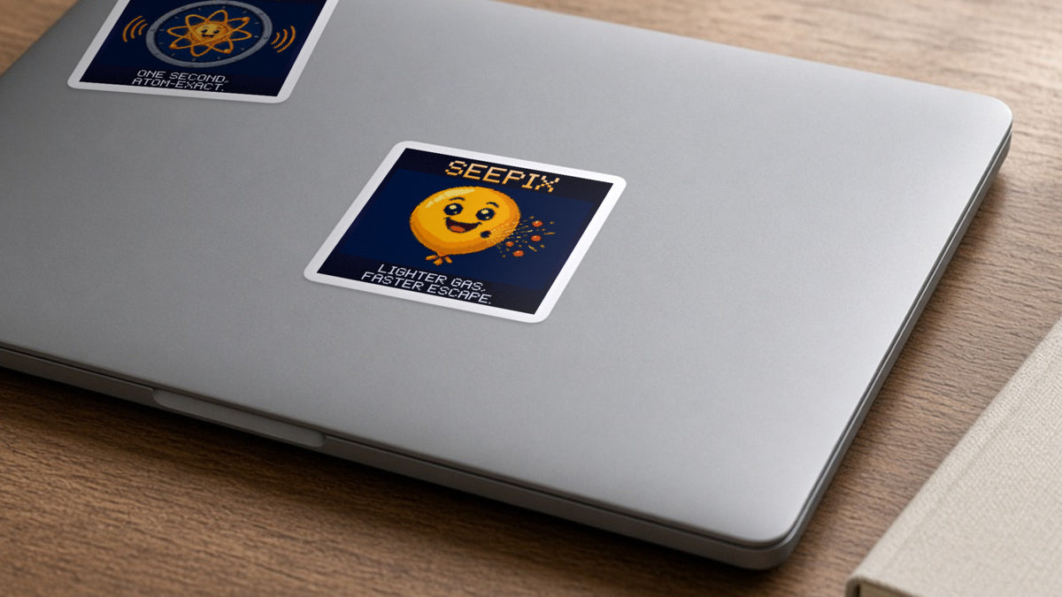 Seepix pixel-art physics sticker on a laptop