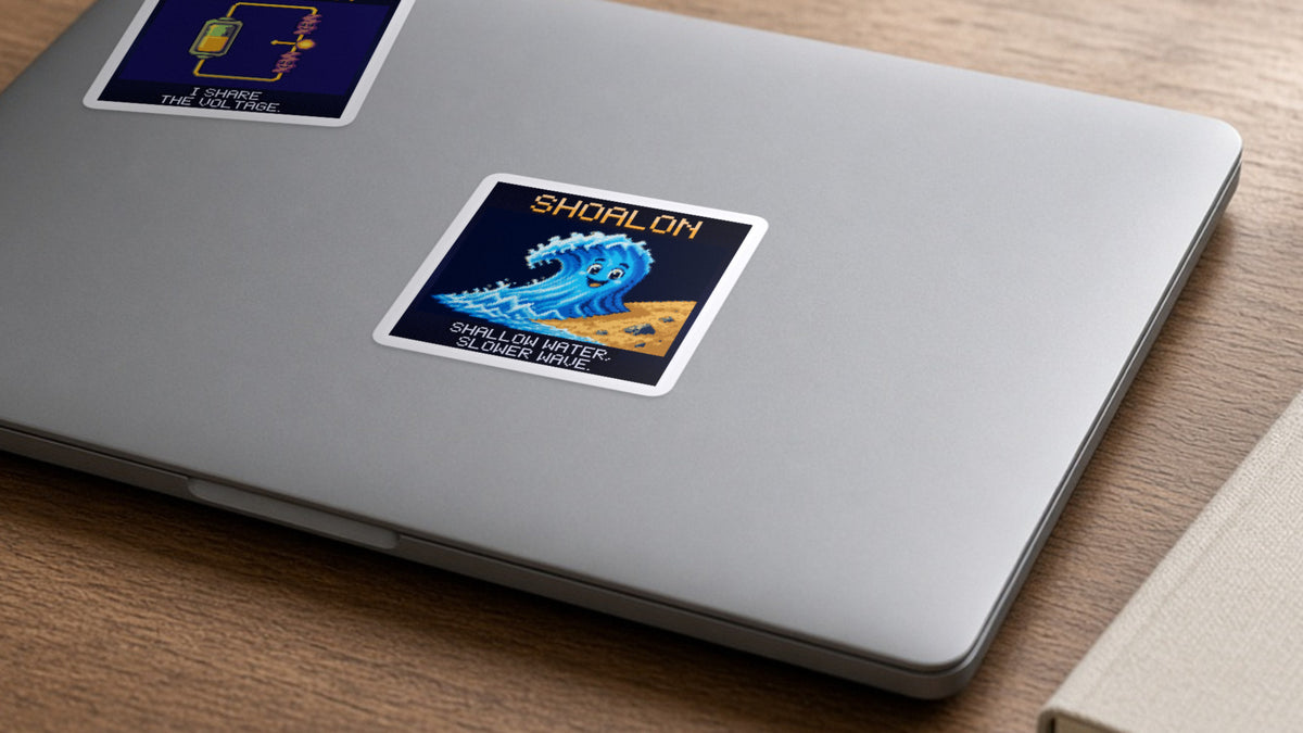 Shoalon pixel-art physics sticker on a laptop