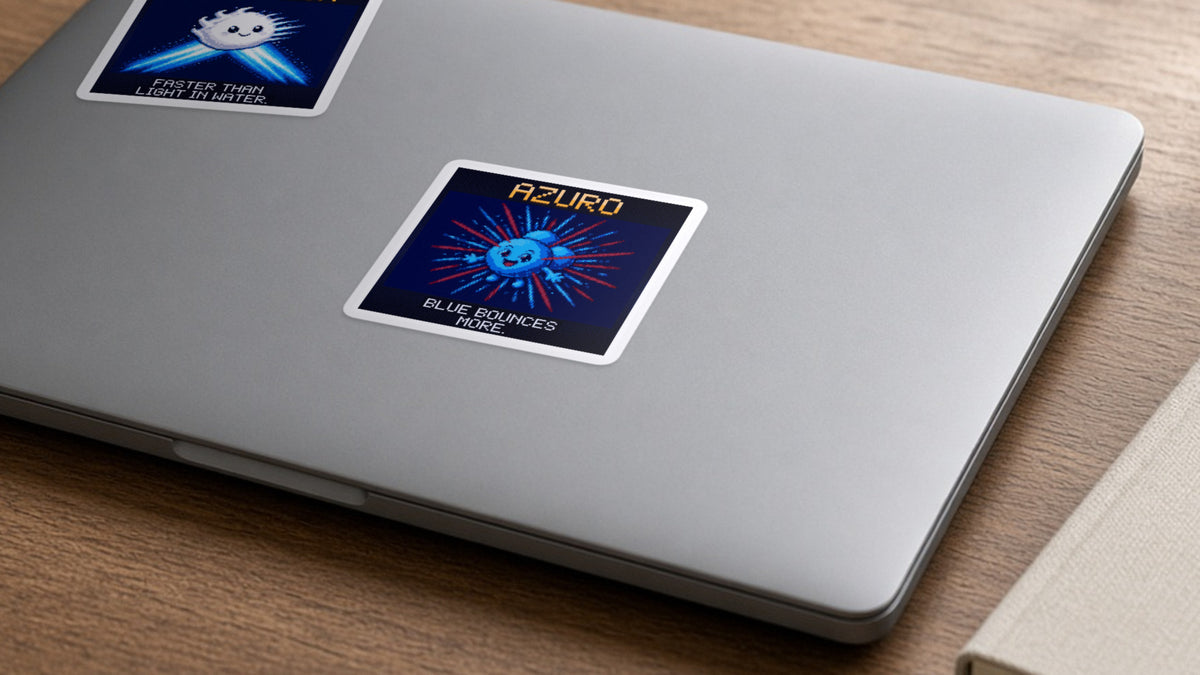Azuro pixel-art physics sticker on a laptop
