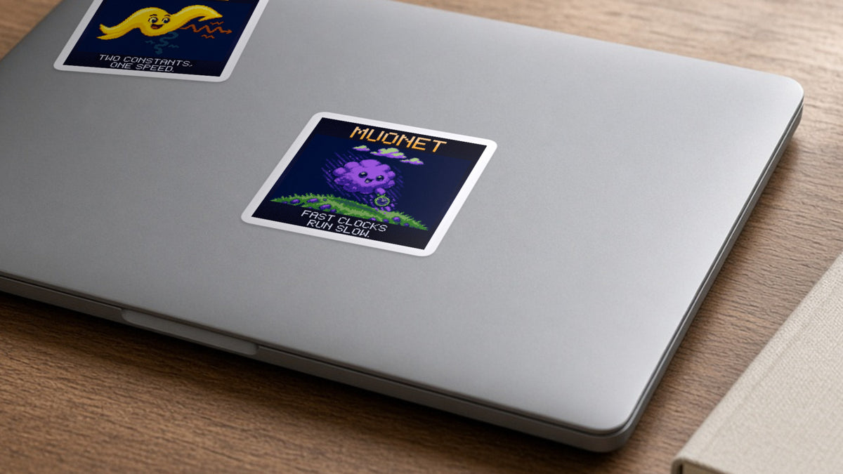 Muonet pixel-art physics sticker on a laptop