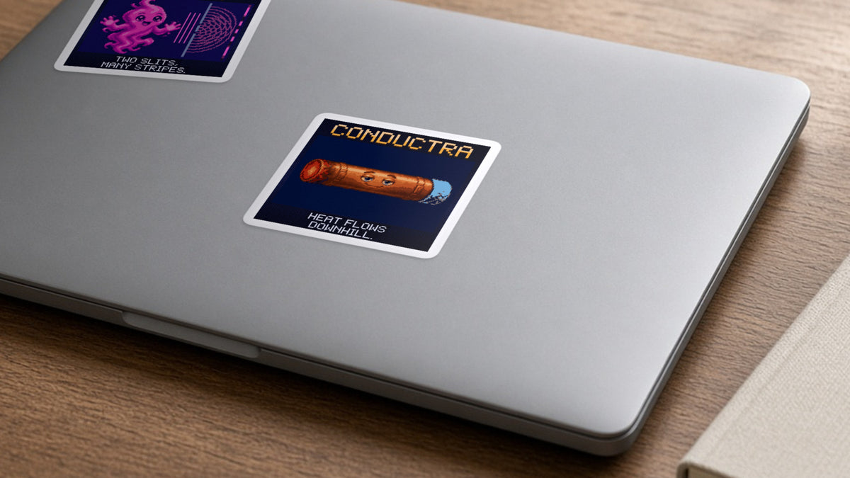 Conductra pixel-art physics sticker on a laptop